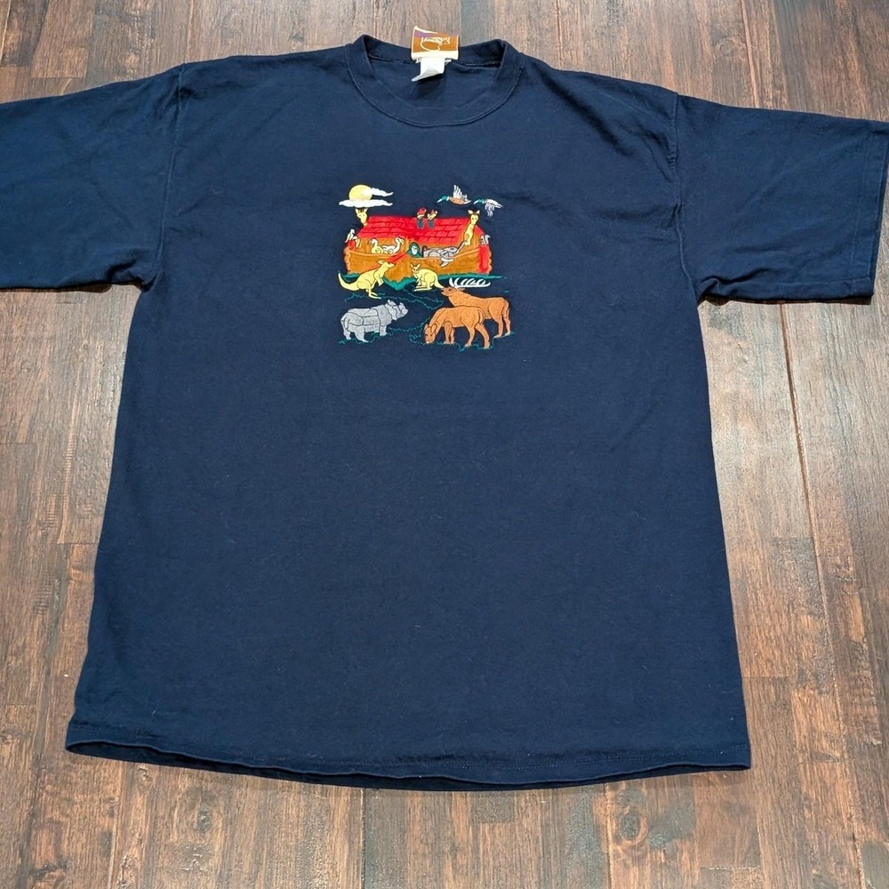Vintage 90s Peanut Butter‎ & Jelly Noah's Ark Embroidered T-Shirt Mens L Animals